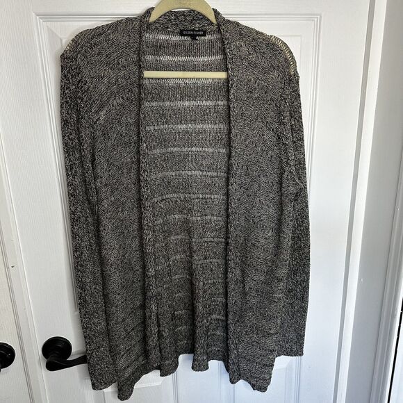 Eileen Fisher System Black White Linen Wool Open Front Cardigan Large - Picture 4 of 9